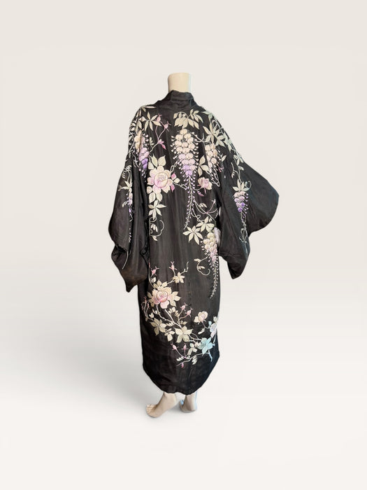 Chi, 1940s dark brown silk Japanese embroidered floral kimono