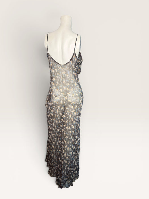 Bora, 90s silk chiffon bias cut floral, long frill dress