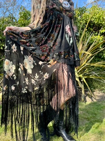 Morgana, reworked long floral devoré fringed dress