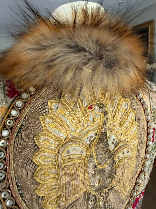 Chiara, 19th C Greek hand woven embroidered waistcoat with a faux fur collar and beaded side pocket