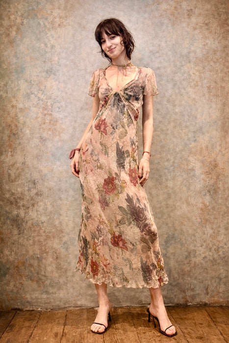 Serena, vintage silk chiffon floral bias cut short sleeve dress