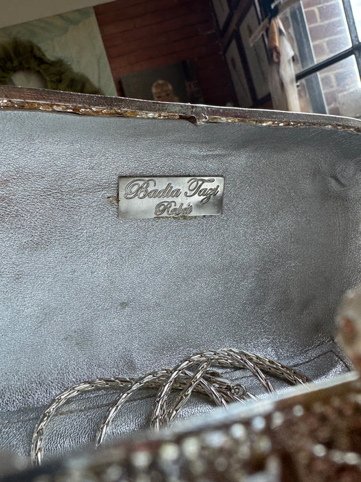 Badia, Y2K crystal floral silver filigree clutch