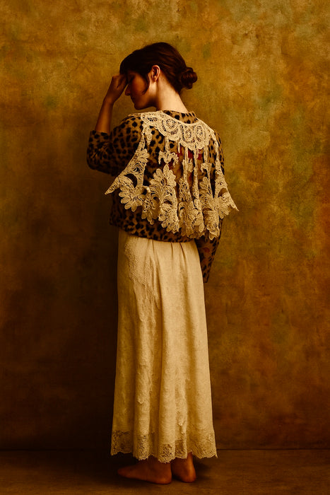 Fulcrum, leopard print long sleeve biker jacket with origin lace and embroidery