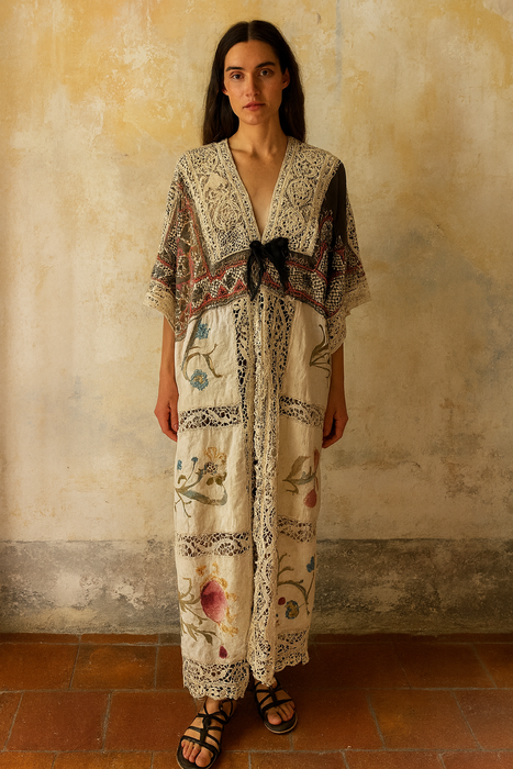 Hermione, reworked antique Rhajastani embroidered top and Victorian embroidered lace coat