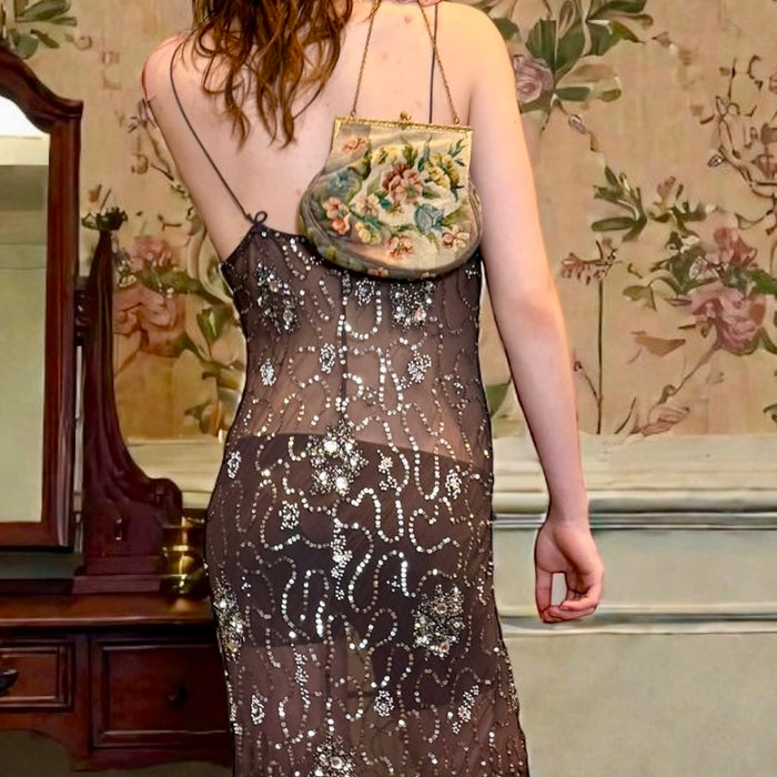 Aria, 90s anthracite silk bias cut beaded mermaid dress