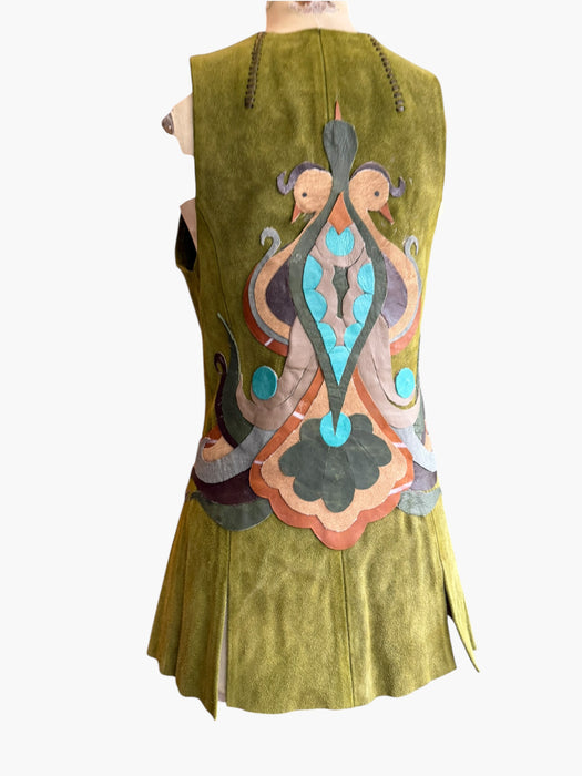 Basil, 70s olive green suede waistcoat with leather ties and handmade folk leather appliqué