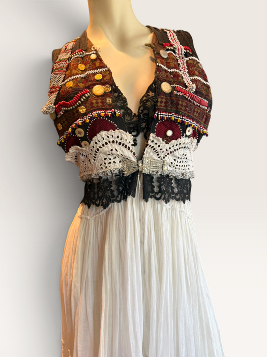 Natalia, reworked Victorian tiered skirt and Afghan beaded dress