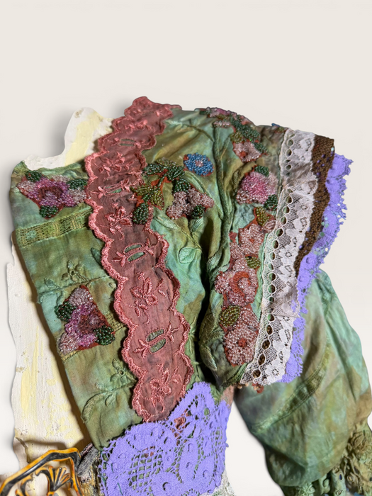 Monique, reworked Victorian hand dyed cotton and beaded lace jacket with art deco clasp