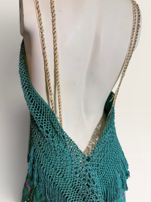 Dora, reworked 1940s silk embroidered fringed piano shawl dress