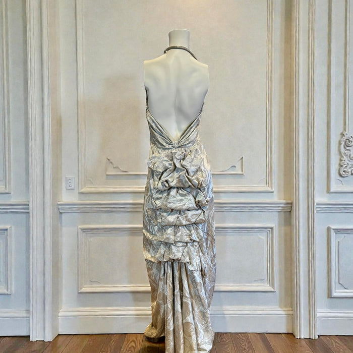 Monica, 20s silver floral lamé dress with bustle train