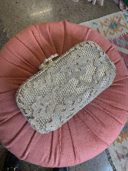 Badia, Y2K crystal floral silver filigree clutch