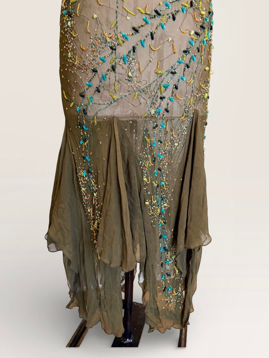 Tory, 90s beaded kaki green bias cut chiffon handkerchief dress