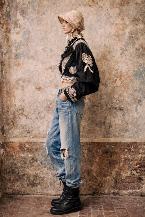 Kiki, Victorian black silk jacket with mutton sleeves, embellished with beaded lace