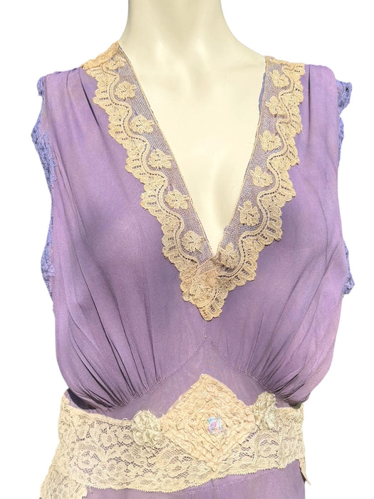 Lavender, 1930s hand dyed silk and lace dress with lace ribbon inserts