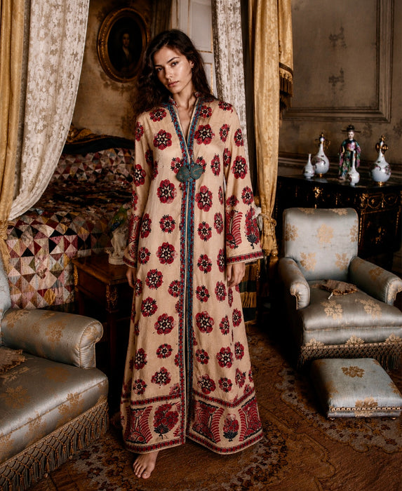 Chapan, early 19th C Uzbek chapan embroidered and beaded robe with couched Edwardian floral embroidery and turquoise buckle