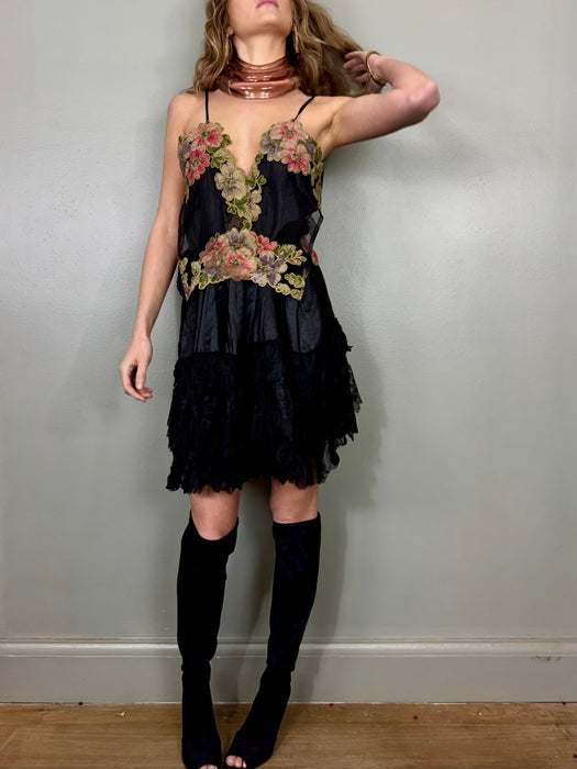 Sarita, reworked floral and Victorian silk frill skirt dress