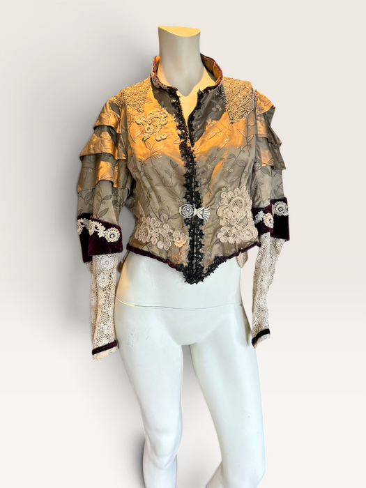 Carlotta, reworked Victorian silk damask and lace boned beaded jacket