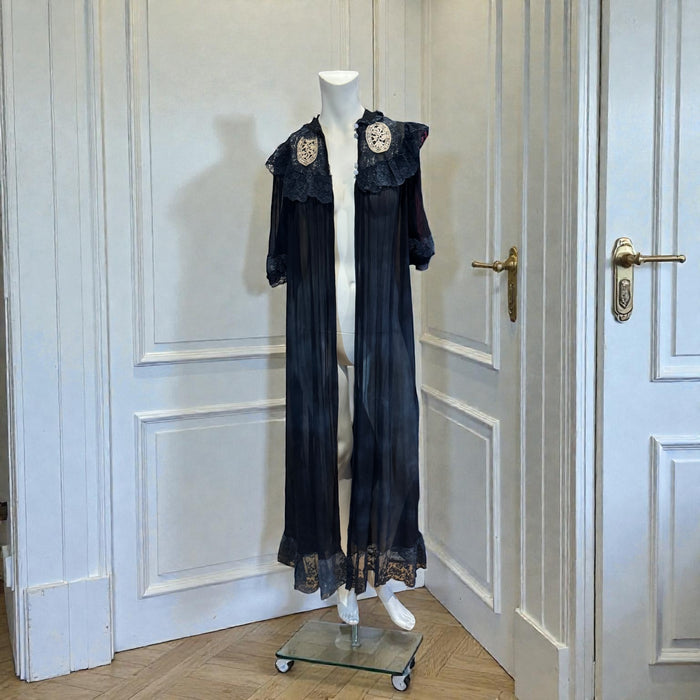 Gina, 30s black chiffon and lace robe with cream lace bows