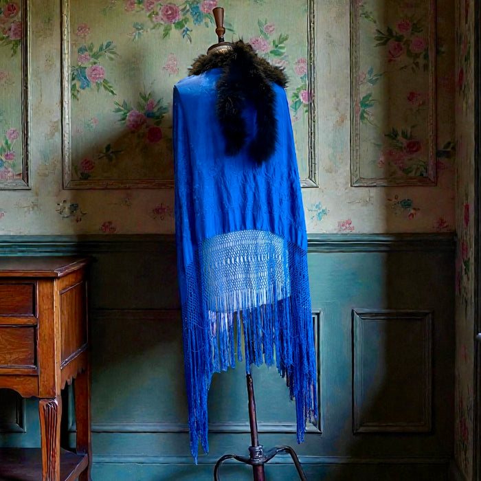 Sasha, 40s cobalt blue embroidered piano shawl feather fringed cape