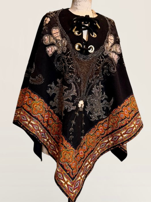 Marina, 70s paisley wool cape with 20s beading and floral embroidery