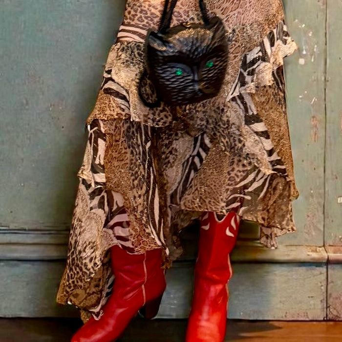 Lola, 90s mixed animal print silk chiffon  bias cut frill dress