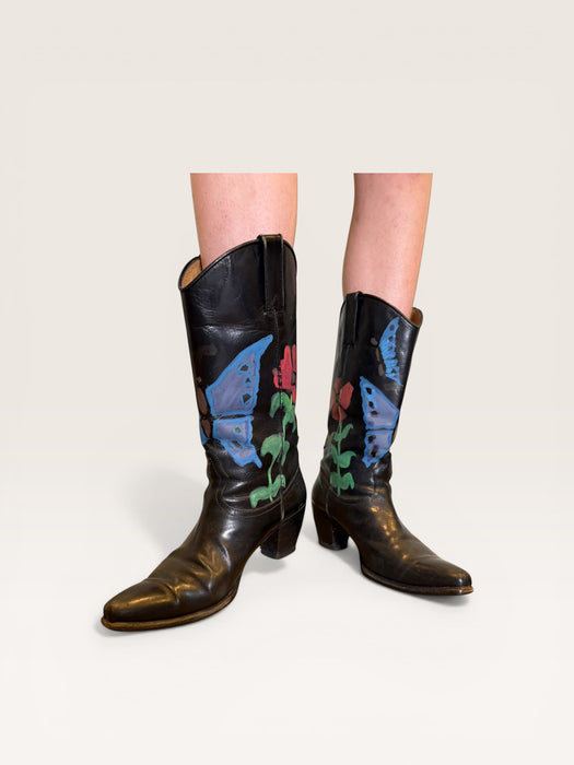Dallas, 70s black leather hand painted cowboy boots