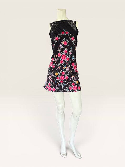 Blackbird, reworked 40s black silk piano shawl floral short dress