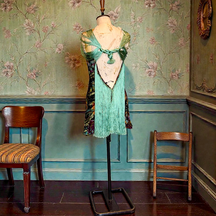 Radcliffe, reworked 20s silk devoré floral fringed dress