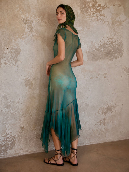 Ronda, hand dyed emerald green bias cut, asymmetric vintage chiffon beaded dress