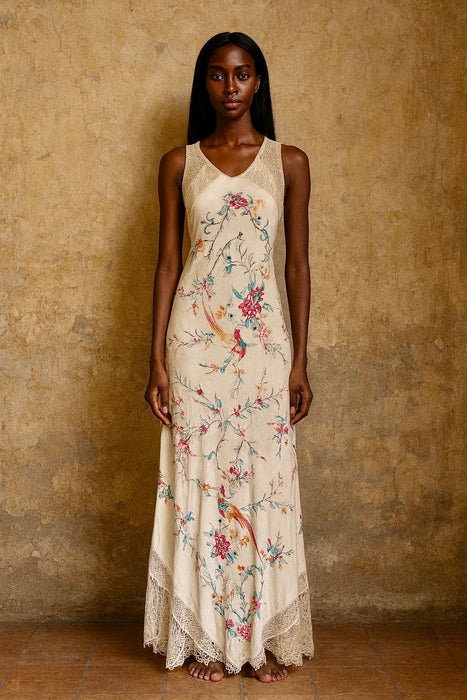 Belen, reworked 1940s floral Oriental embroidered shawl dress
