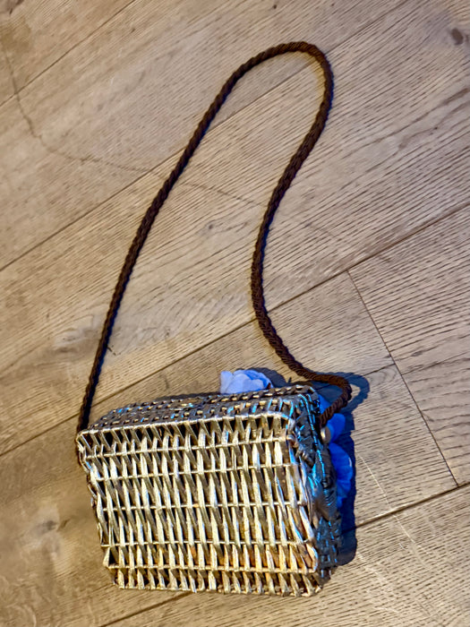 Magli, 70s Made Italy, gold straw shrouded bag with silk antique florals and gold plated butterfly