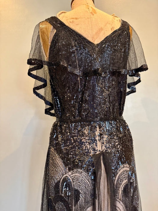 Megan, original 20s black sequins and net dress dress with beaded belt