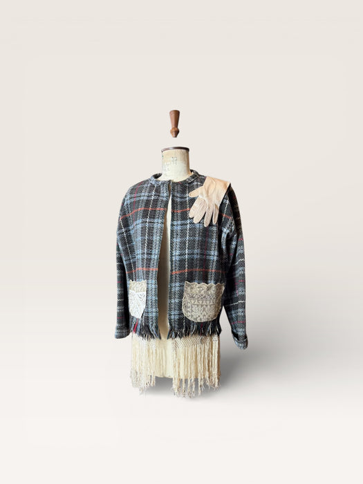 Tais, reworked 70s checked blanket with lace pockets and 20s glove