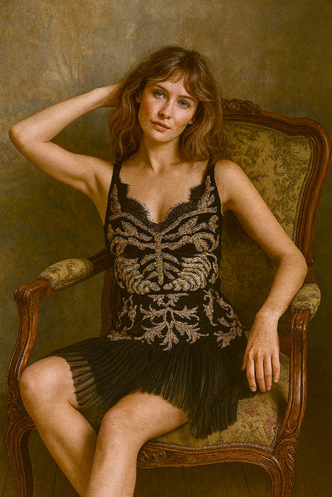 Clara, vintage silk and gold beaded pleated dress