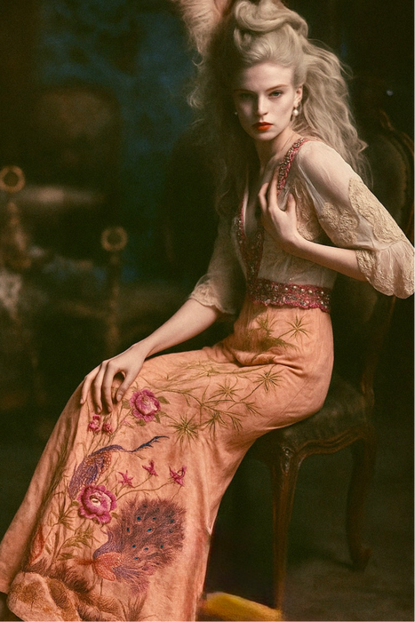 Aurora, reworked 18th C embroidered and lace dress