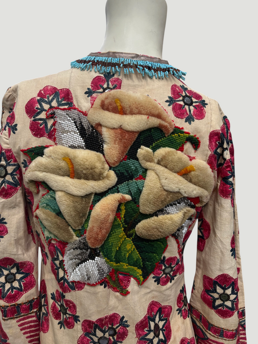 Chapan, early 19th C Uzbek chapan embroidered and beaded robe with couched Edwardian floral embroidery and turquoise buckle