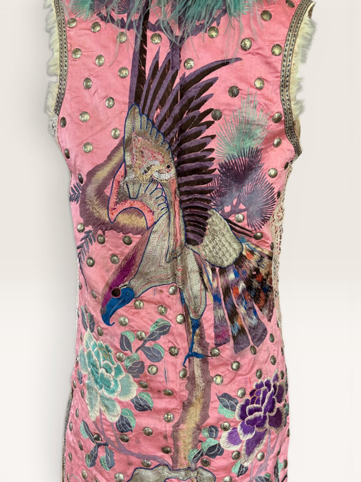 Adage, 19thC pink silk embroidered Chinese long waistcoat with feather collar