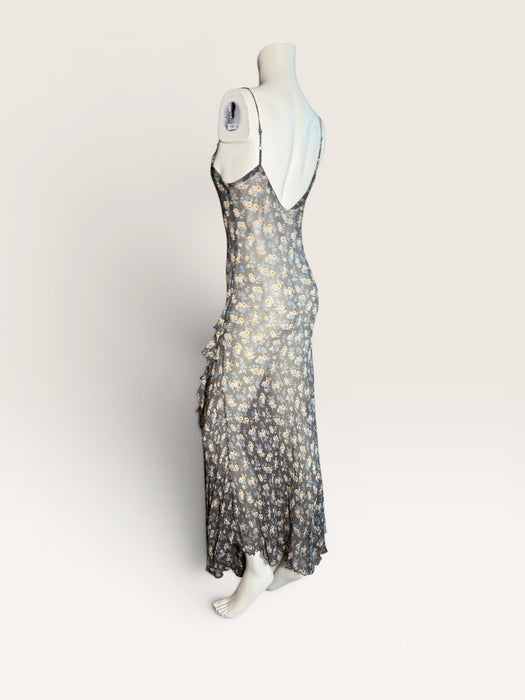 Bora, 90s silk chiffon bias cut floral, long frill dress