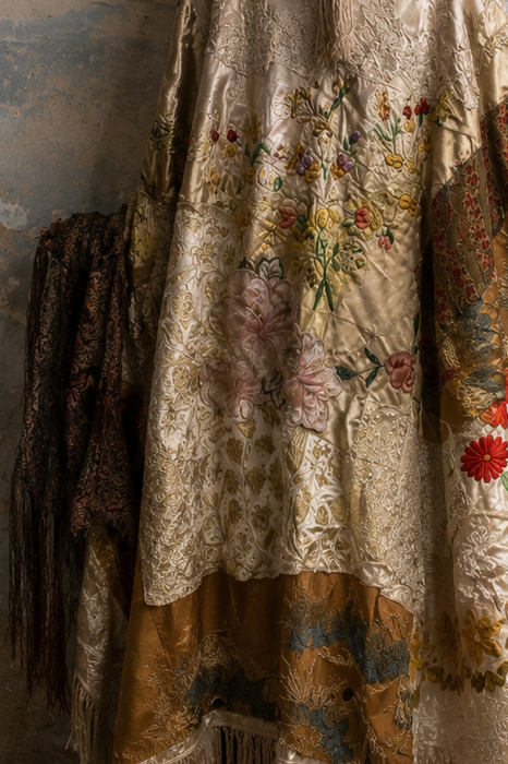 Donna, Reworked 40s Kashmiri embroidered patchwork fringed cape