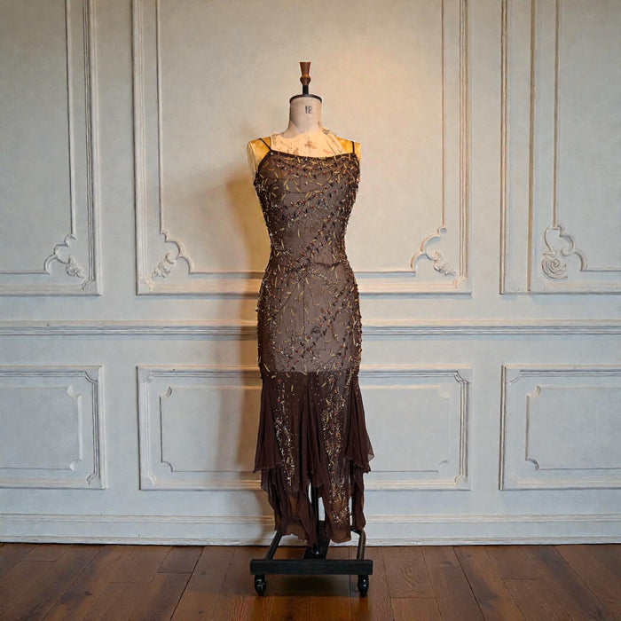 Tory, 90s beaded brown bias cut chiffon handkerchief dress