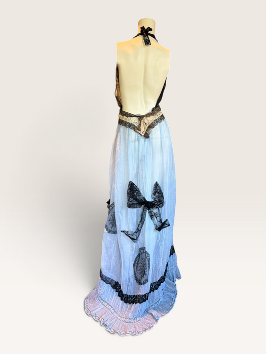 Portia, hand dyed Victorian pale blue cotton and black Chantilly lace dress
