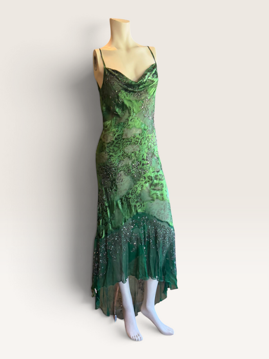 Lola, 90s beaded bias cut asymmetrical animal print dress