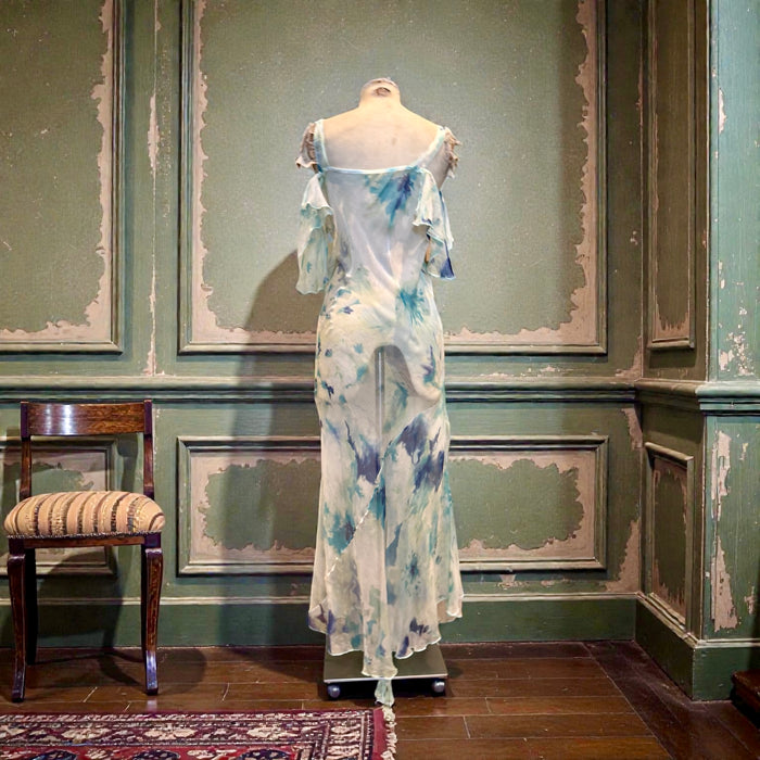 Aqua, 90s pale blues, bias cut chiffon dress with frill sleeves