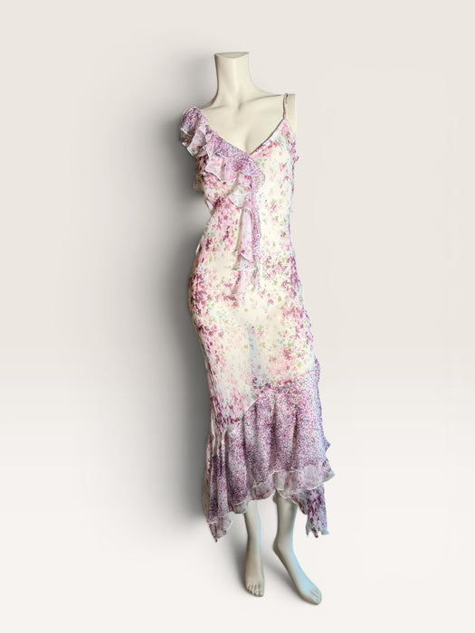 Lilly, 90s silk chiffon floral, bias cut frill dress
