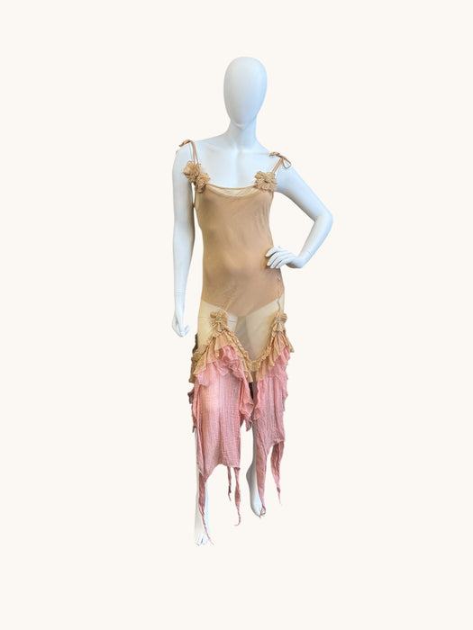 Laine, bias cut silk chiffon and pink dyed handkerchief dress with rosettes