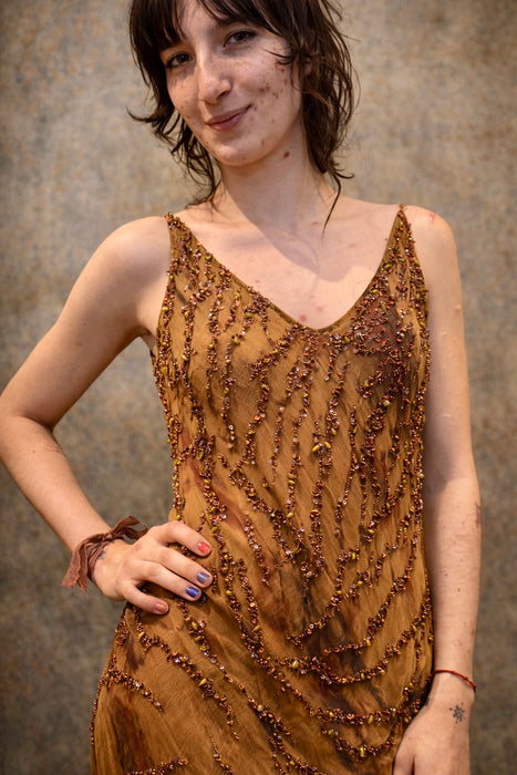 Glory, vintage animal print beaded bias cut silk chiffon dress