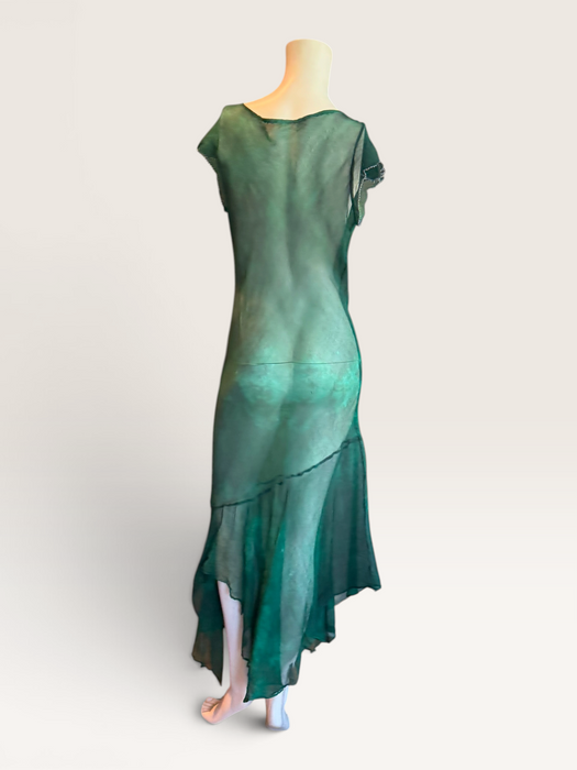 Ronda, hand dyed emerald green bias cut, asymmetric vintage chiffon beaded dress