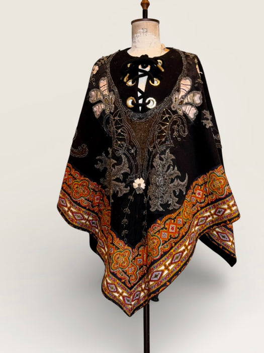 Marina, 70s paisley wool cape with 20s beading and floral embroidery