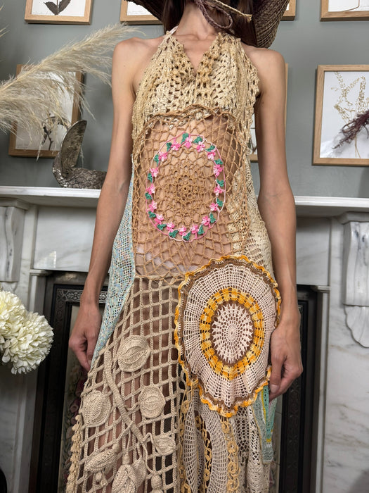 Omnia, vintage floral crochet long dress
