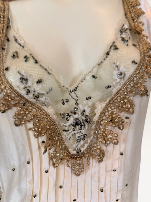 Ally, reworked 1920s silk and lace tunic with rhinestone detailing